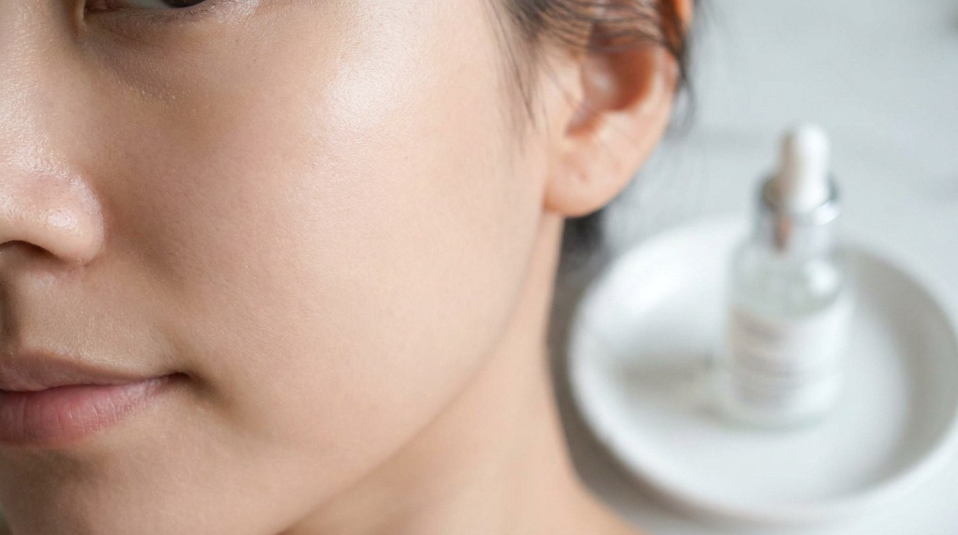 Gros plan sur le visage d'une femme avec une peau saine près d'un flacon de sérum sur une soucoupe.