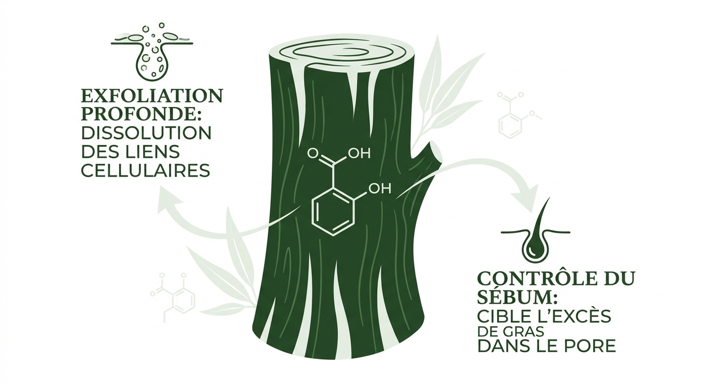 Schéma de l'action exfoliante de l'acide salicylique sur les pores et le sébum