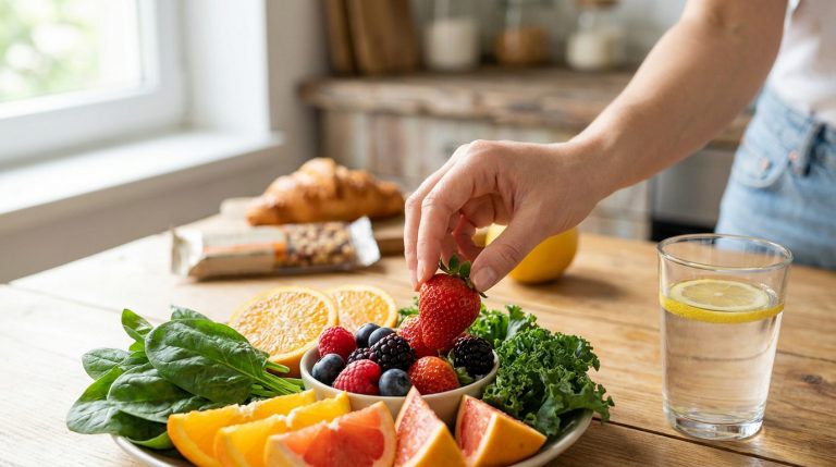 Une main prend une fraise dans un bol de fruits frais et de légumes sur une table en bois avec un verre d'eau citronnée.