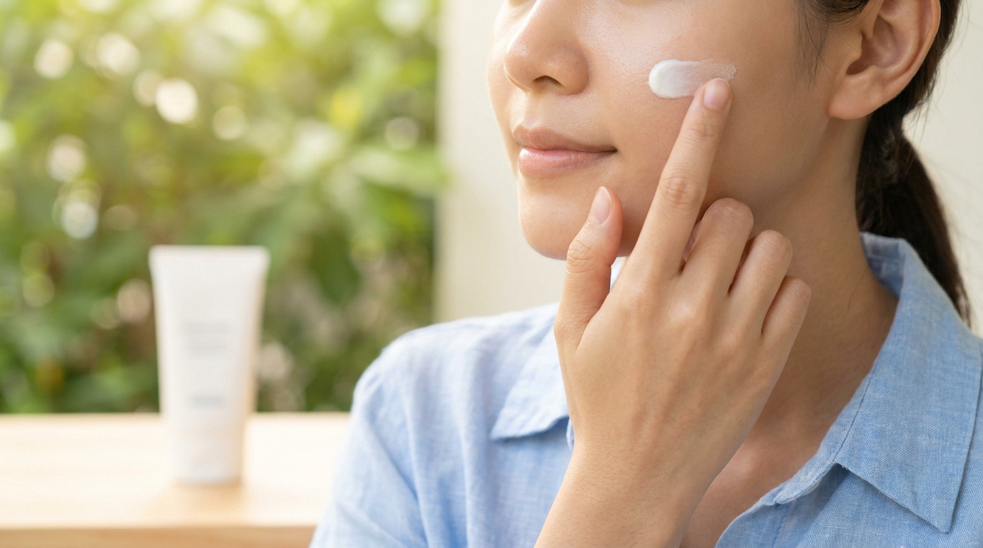 Une femme applique une touche de crème solaire blanche sur sa joue.