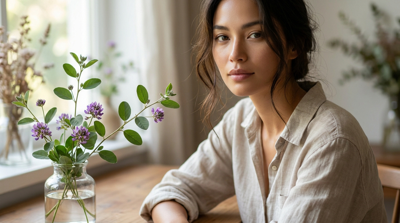 Jeune femme au naturel assise à une table à côté d'un vase contenant des fleurs de psoralea corylifolia.