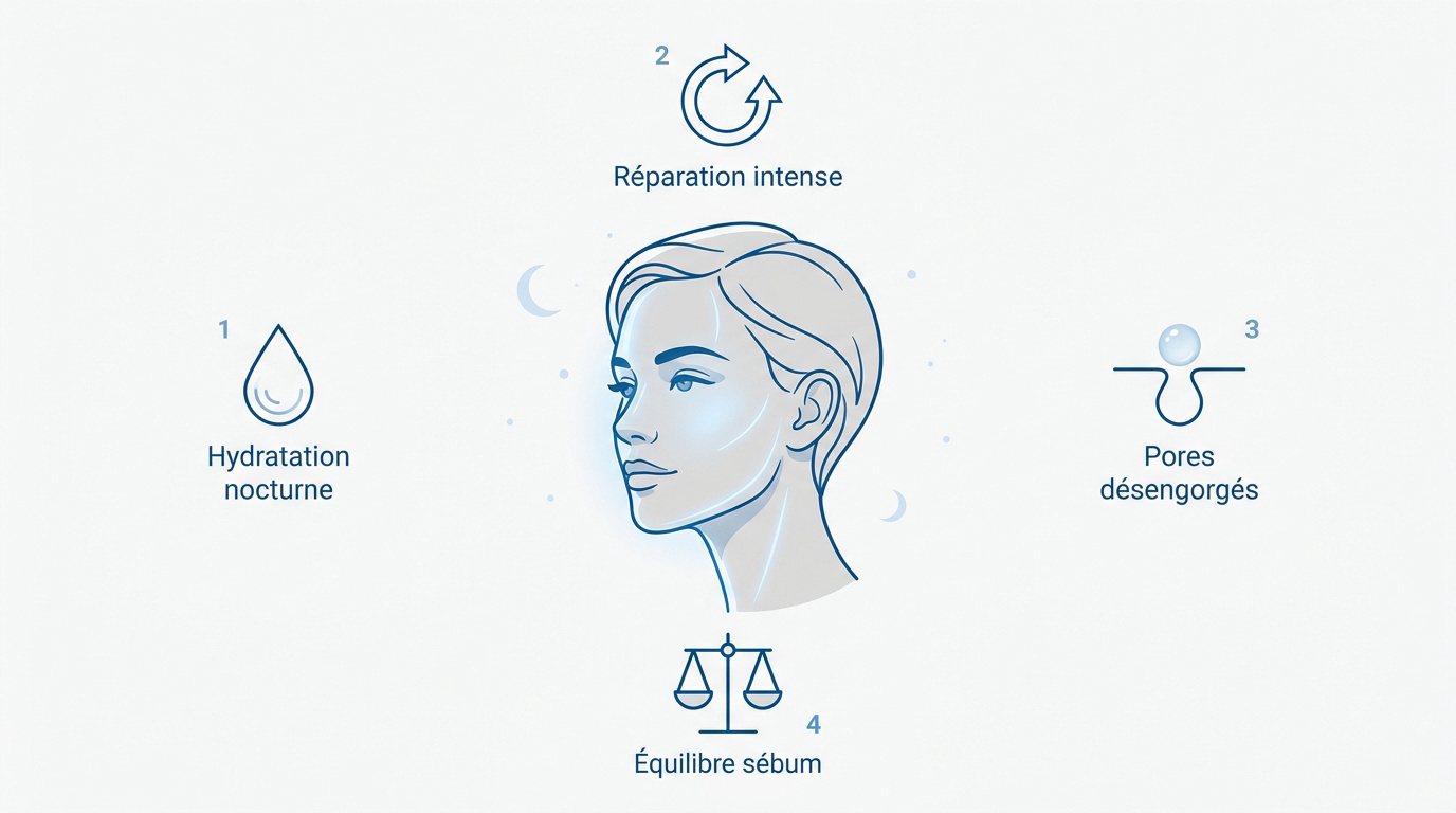 Femme appliquant une crème de nuit légère sur une peau grasse pour réguler le sébum