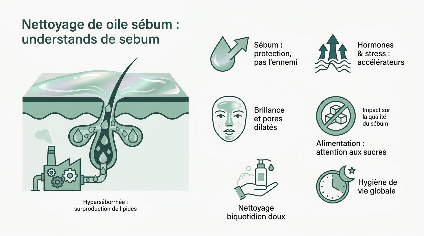 Schéma des glandes sébacées et de la production de sébum sur une peau grasse