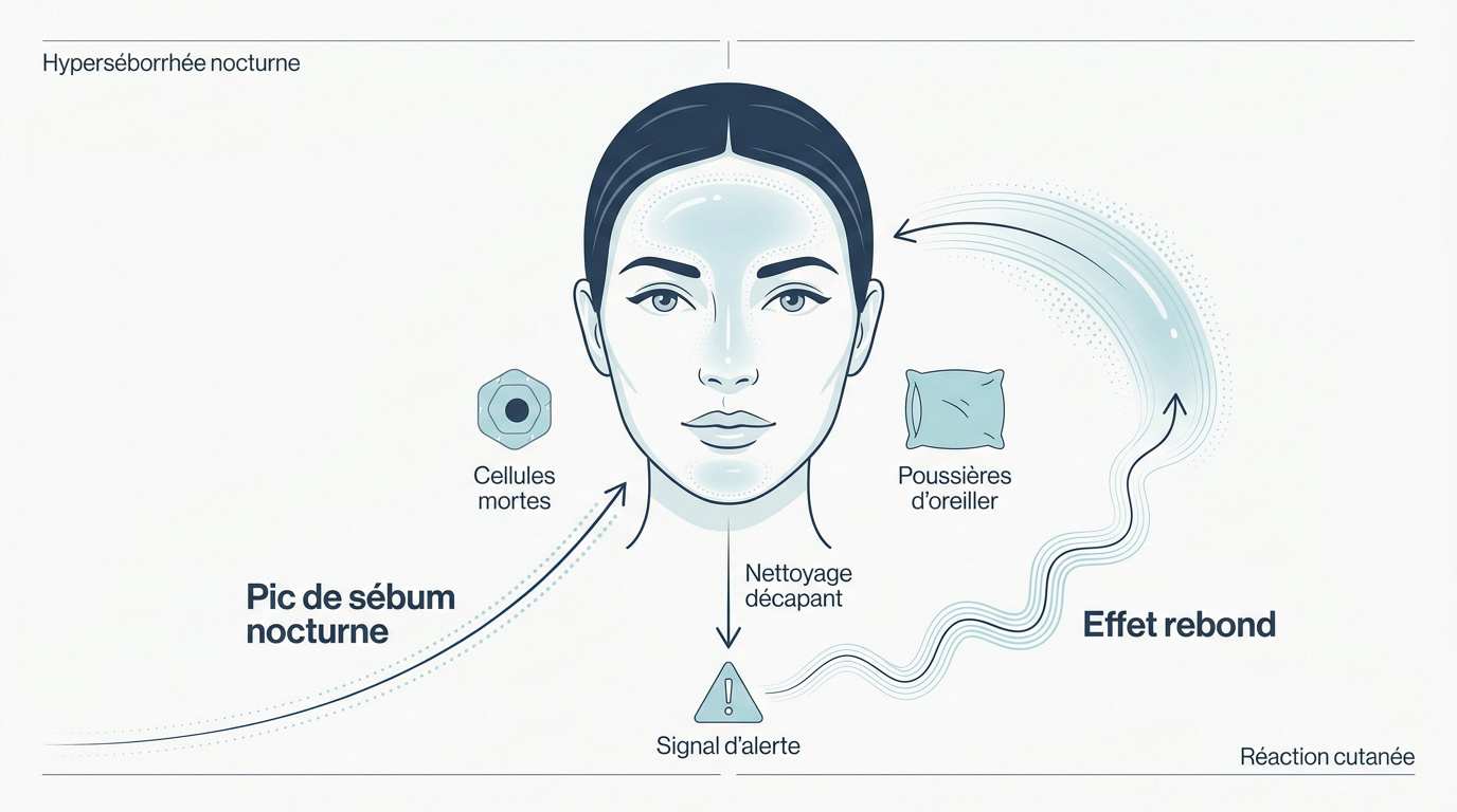 Illustration des mécanismes de production de sébum nocturne et de l'effet rebond sur la peau