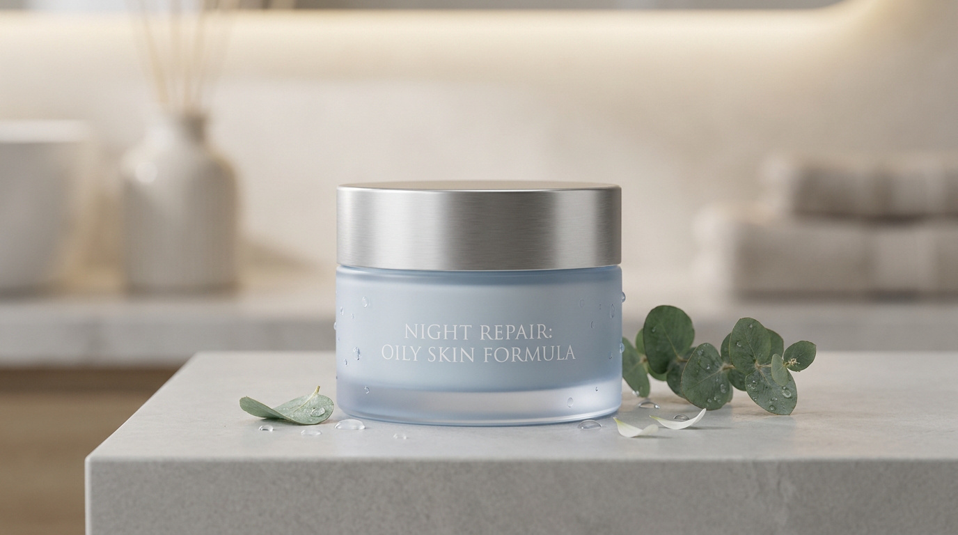 Pot de crème de nuit pour peau grasse sur un comptoir de salle de bain avec des feuilles d'eucalyptus.