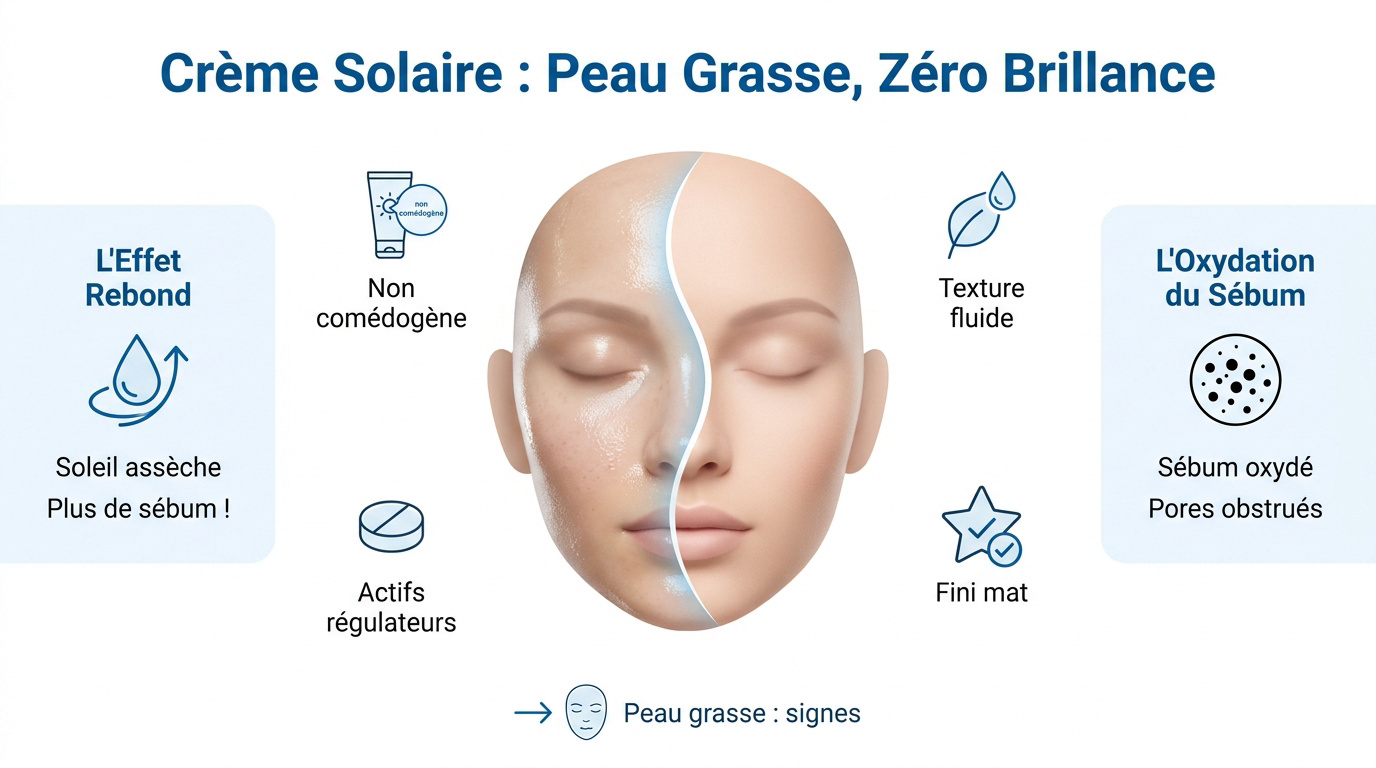 Application d'une crème solaire fluide et matifiante sur une peau grasse pour éviter la brillance