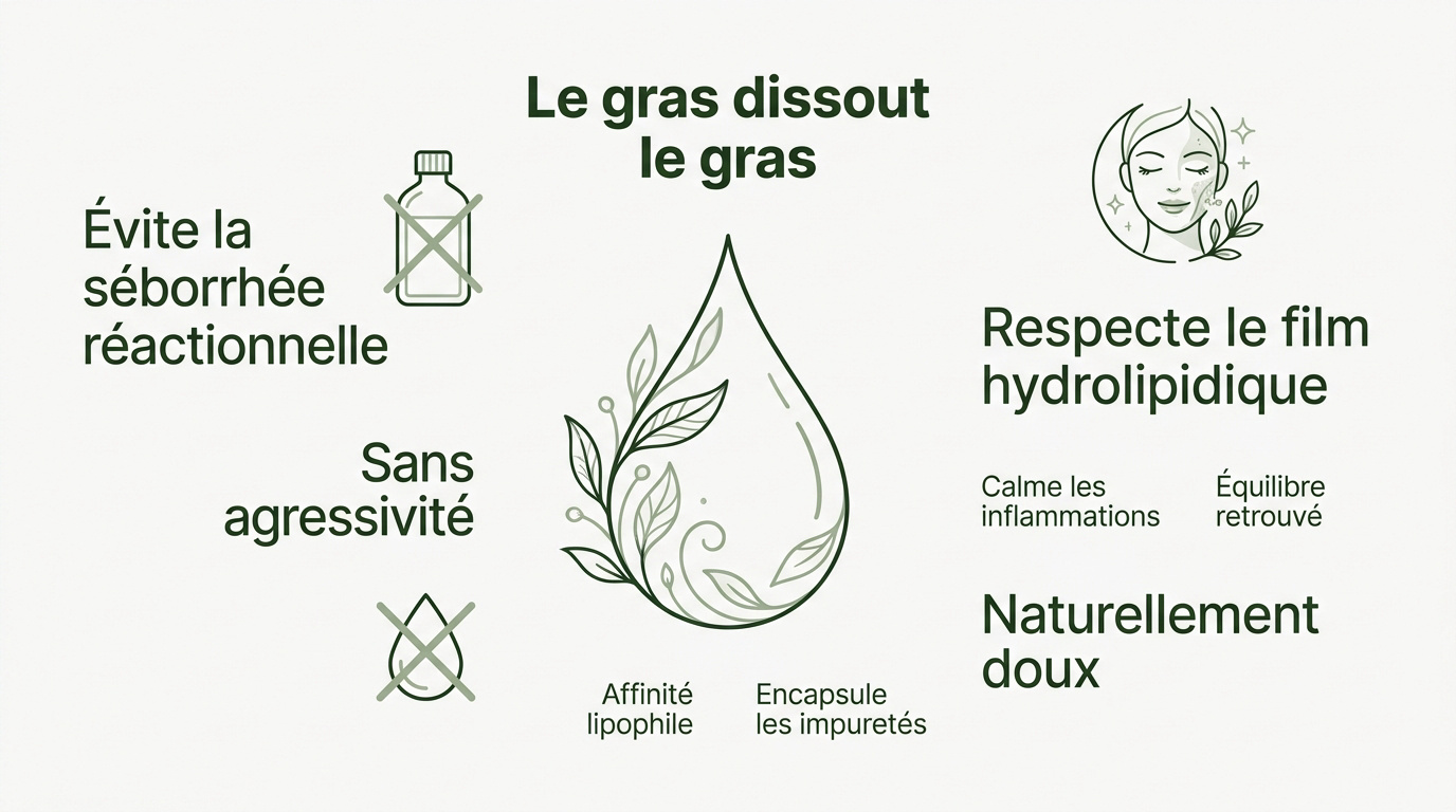 Femme appliquant une huile démaquillante naturelle sur son visage pour réguler le sébum