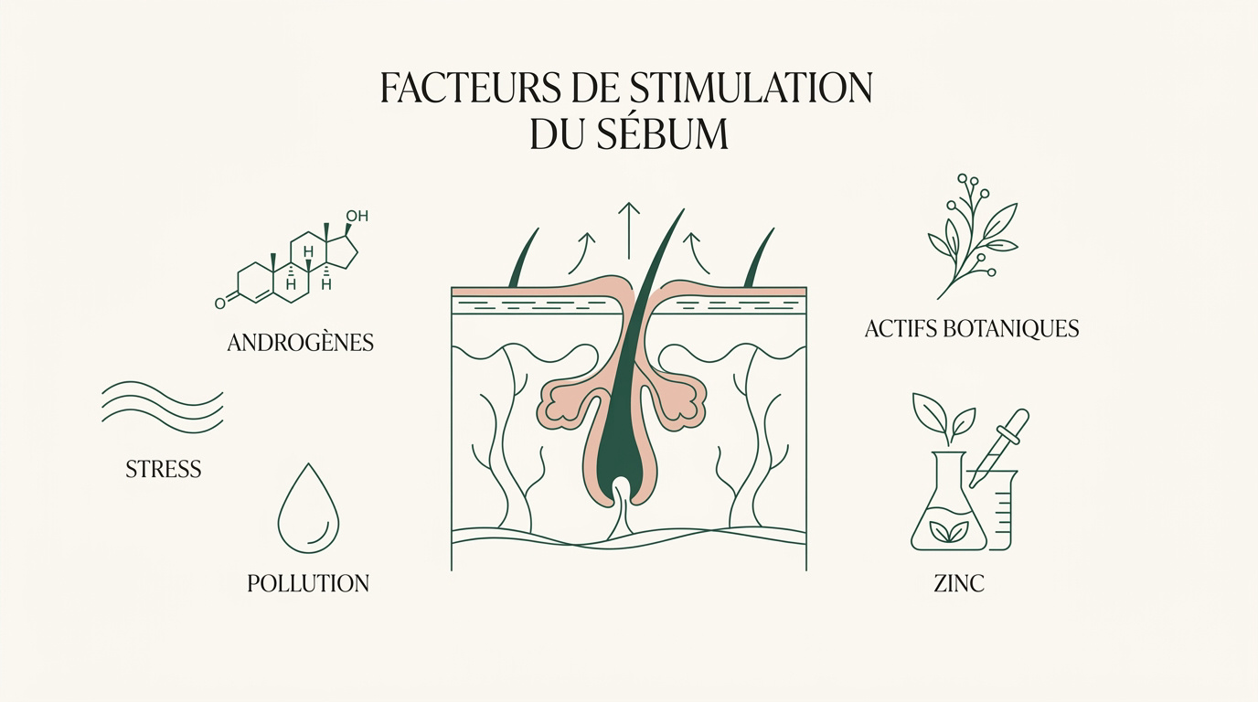 Infographie montrant les facteurs internes et externes stimulant la production de sébum