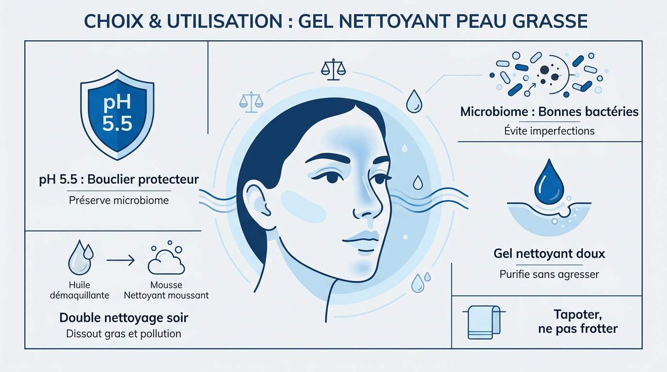 Application d'un gel nettoyant doux sur une peau grasse pour respecter le pH physiologique