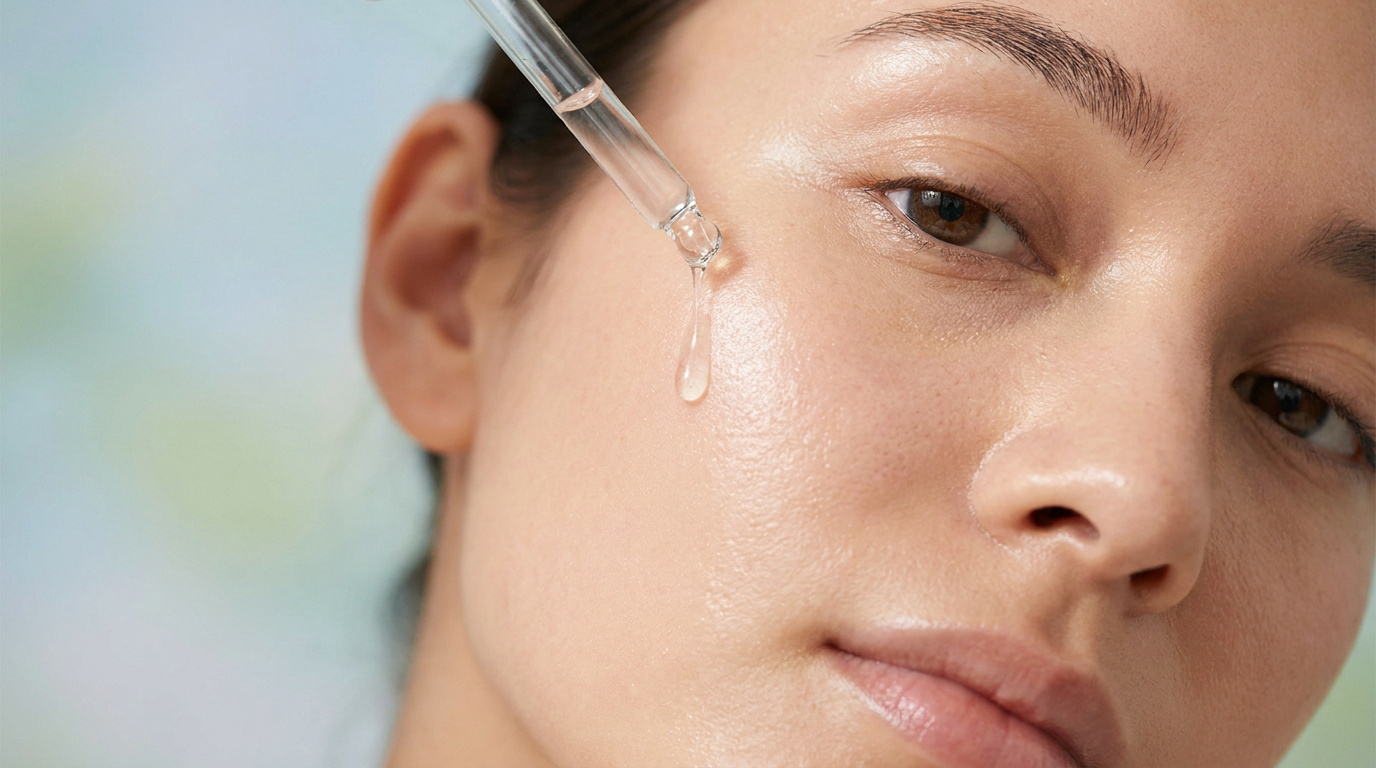 Une goutte de sérum transparent tombe d'une pipette sur la joue d'une jeune femme au teint naturel et lumineux.