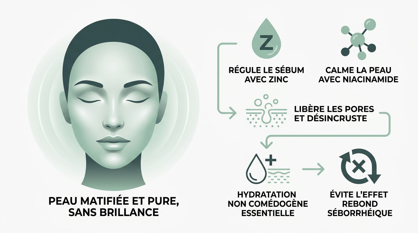 Infographie des actifs clés pour matifier la peau grasse