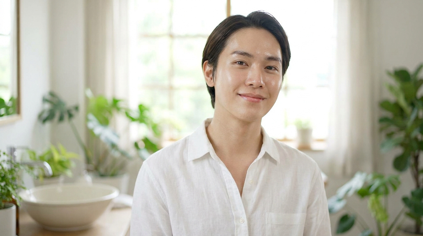Un jeune homme asiatique souriant avec une peau éclatante dans une salle de bain lumineuse entourée de plantes.