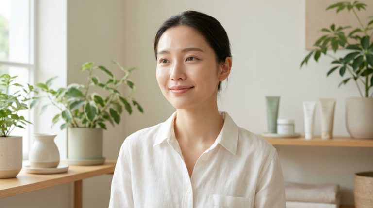 Jeune femme au visage radieux et lisse dans un intérieur lumineux avec des plantes et des produits de soin.