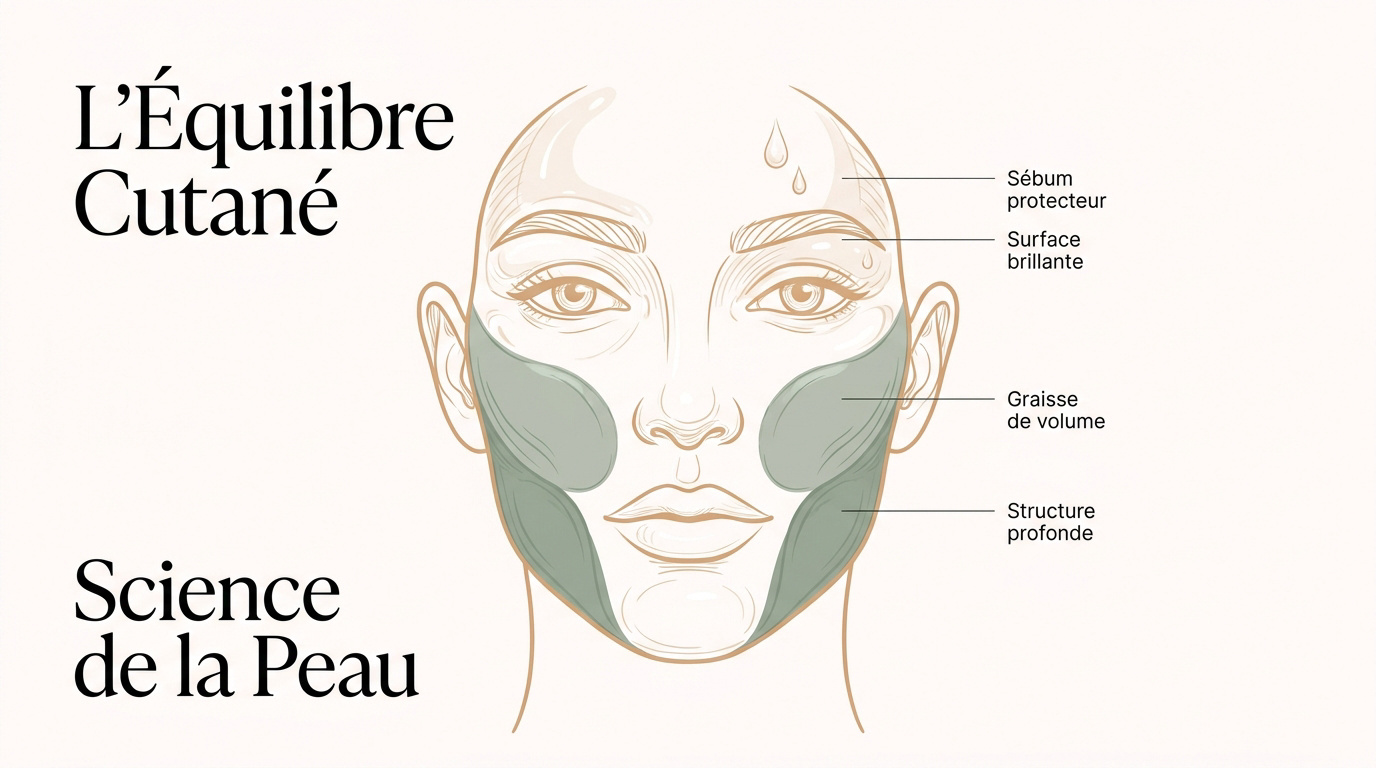 Schéma explicatif de la structure de la peau montrant le sébum en surface et les cellules graisseuses en profondeur