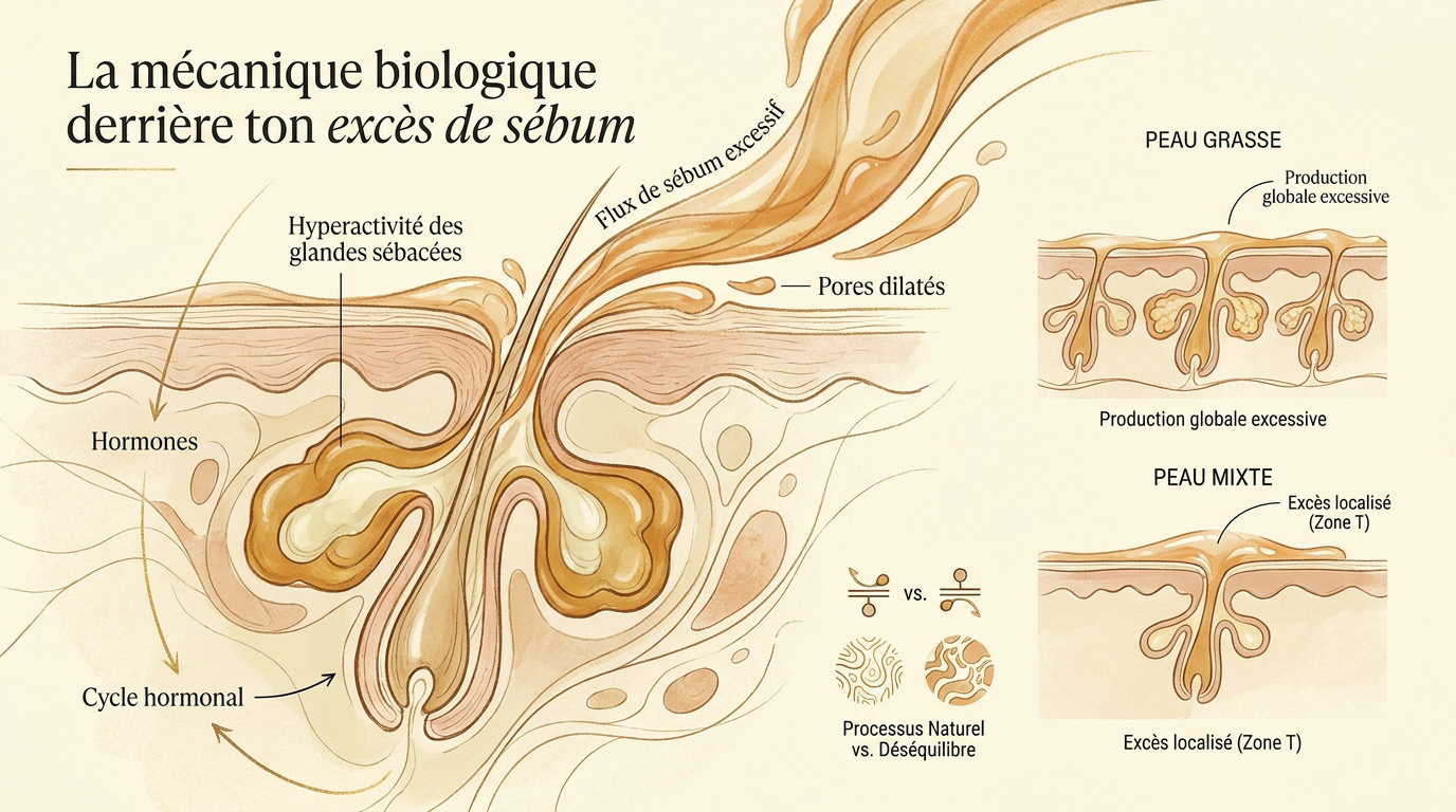 Schéma du fonctionnement de la glande sébacée et de la production de sébum