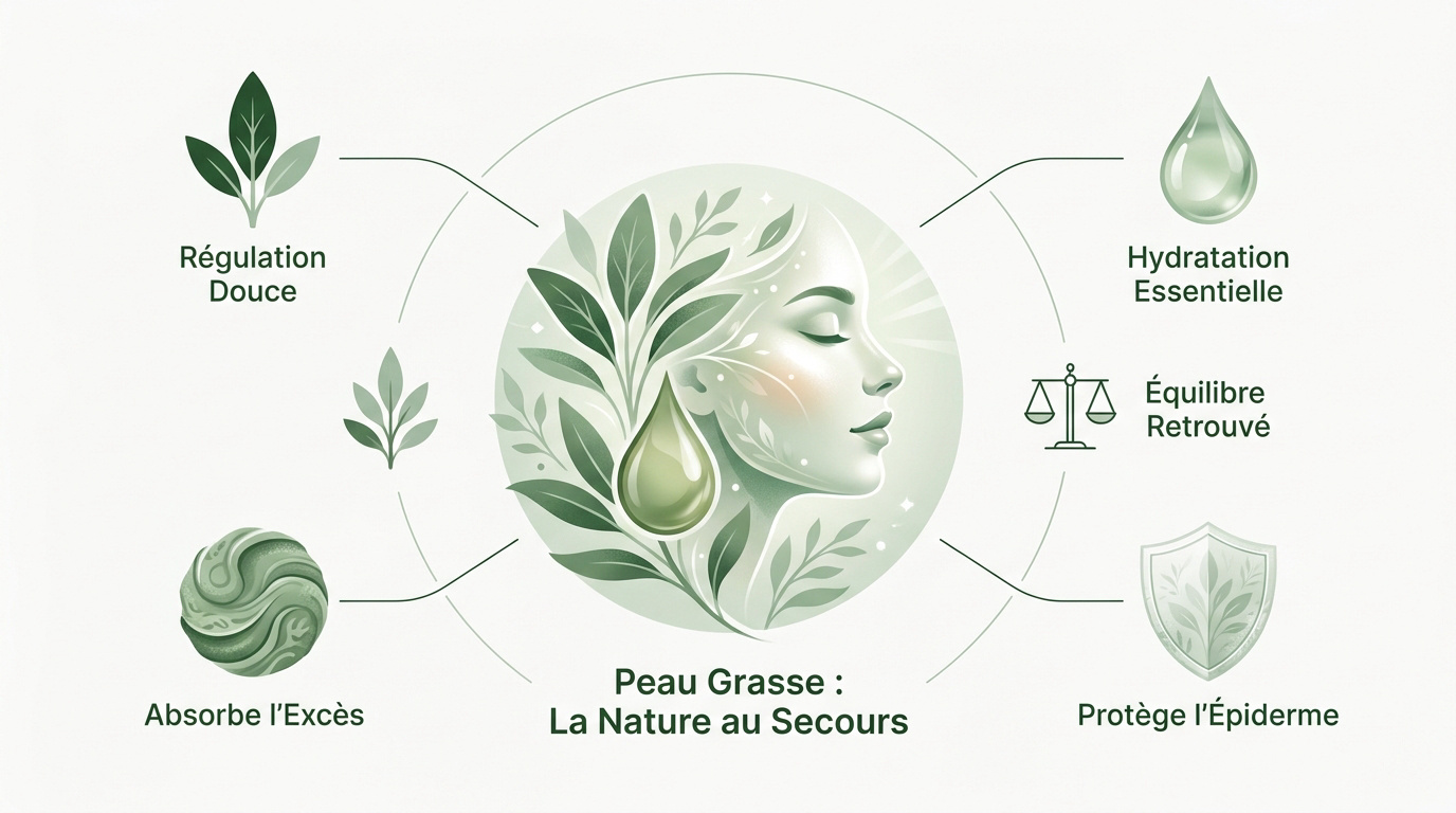 Ingrédients naturels comme l'argile et les huiles essentielles pour soigner une peau grasse
