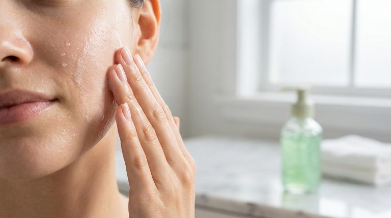Gros plan sur une femme appliquant un gel nettoyant transparent sur sa joue avec sa main.