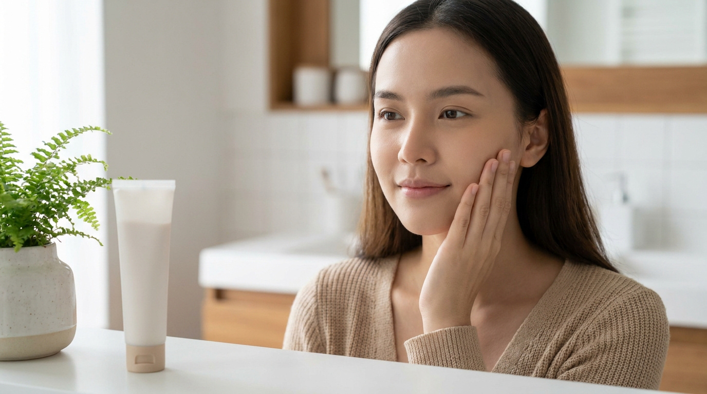 Une jeune femme asiatique touche son visage lisse et mat devant un tube de BB crème dans une salle de bain lumineuse.