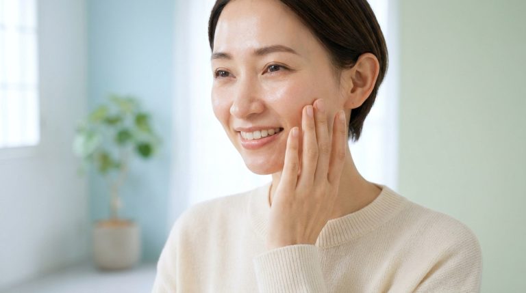 Une jeune femme souriante touchant délicatement sa joue, illustrant une peau saine et lumineuse.