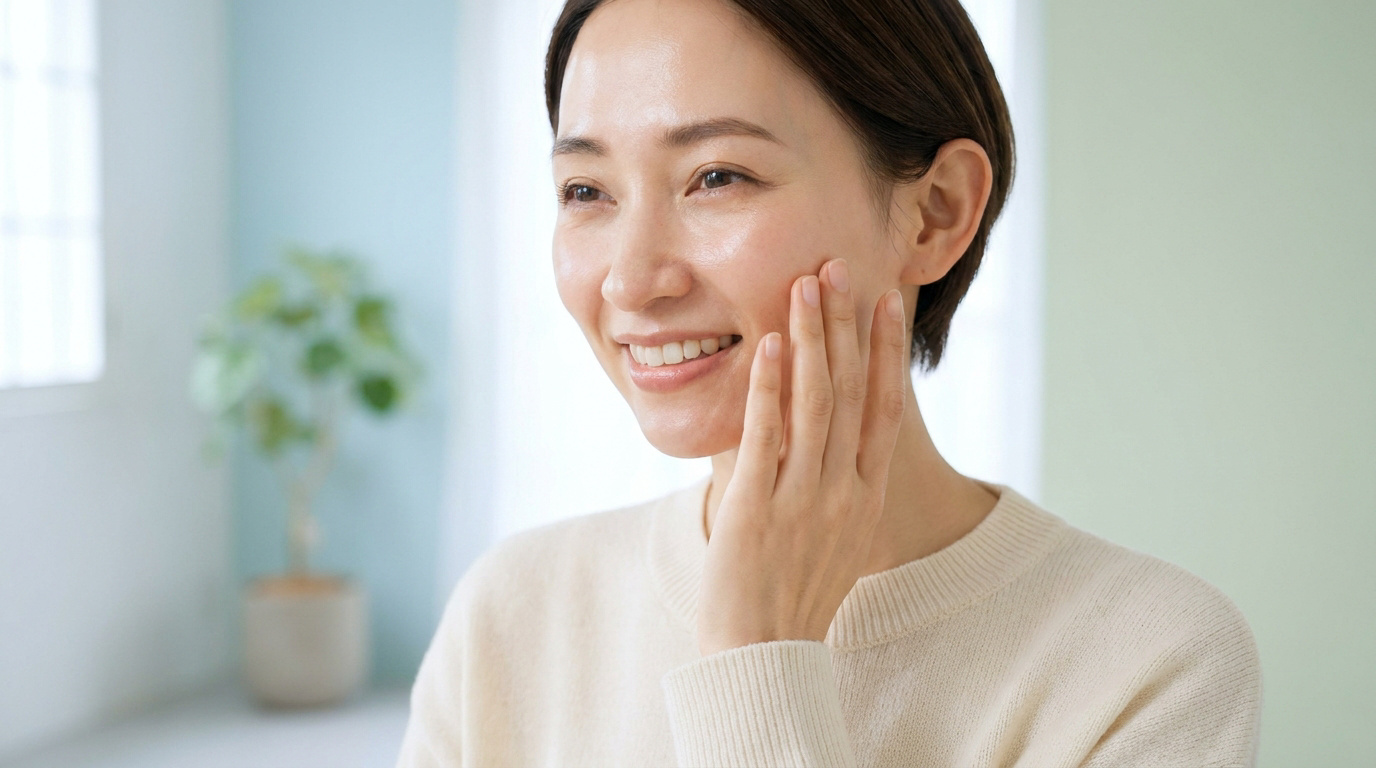 Une jeune femme souriante touchant délicatement sa joue, illustrant une peau saine et lumineuse.