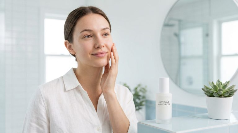 Femme souriante touchant son visage dans une salle de bain avec une crème hydratante matifiante sur le comptoir.
