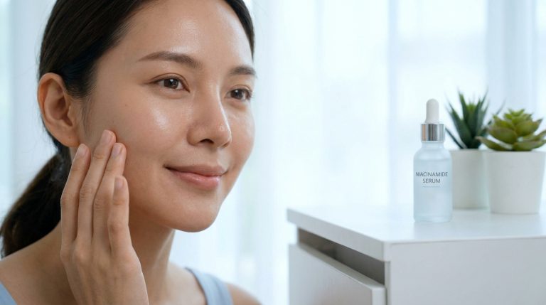 Une femme souriante touche doucement sa joue saine et lumineuse à côté d'un flacon de sérum à la niacinamide.