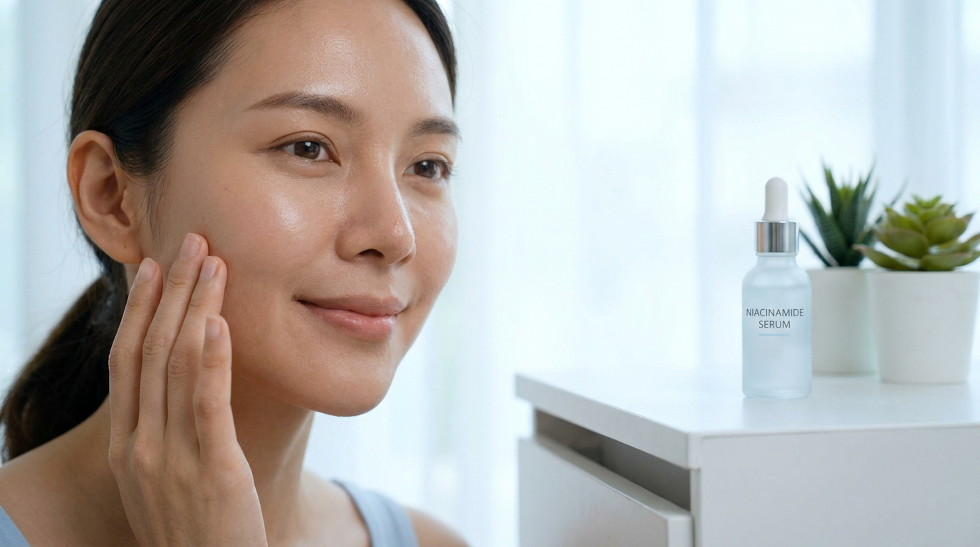 Une femme souriante touche doucement sa joue saine et lumineuse à côté d'un flacon de sérum à la niacinamide.