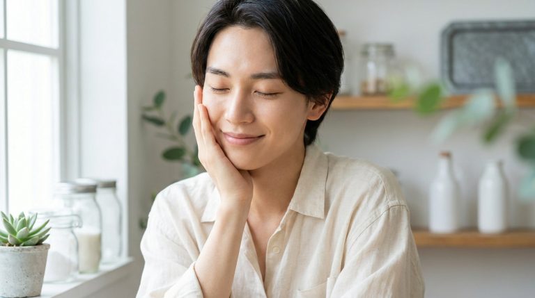 Jeune personne souriante touchant son visage, à la peau claire et radieuse, dans un intérieur lumineux.
