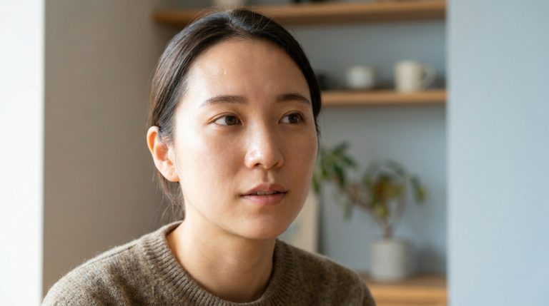 Une jeune femme asiatique avec une peau naturellement brillante et lumineuse, regardant sur le côté.