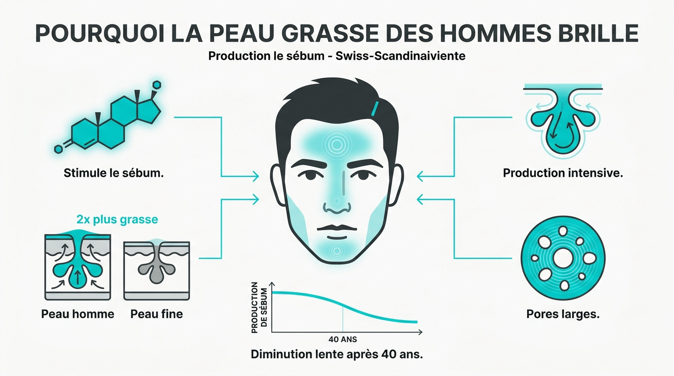 Homme examinant sa peau grasse et brillante devant un miroir