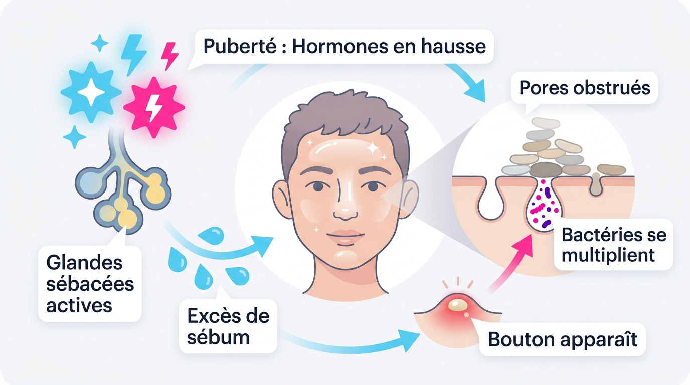 Schéma expliquant le processus de formation de la peau grasse et de l'acné chez l'adolescent