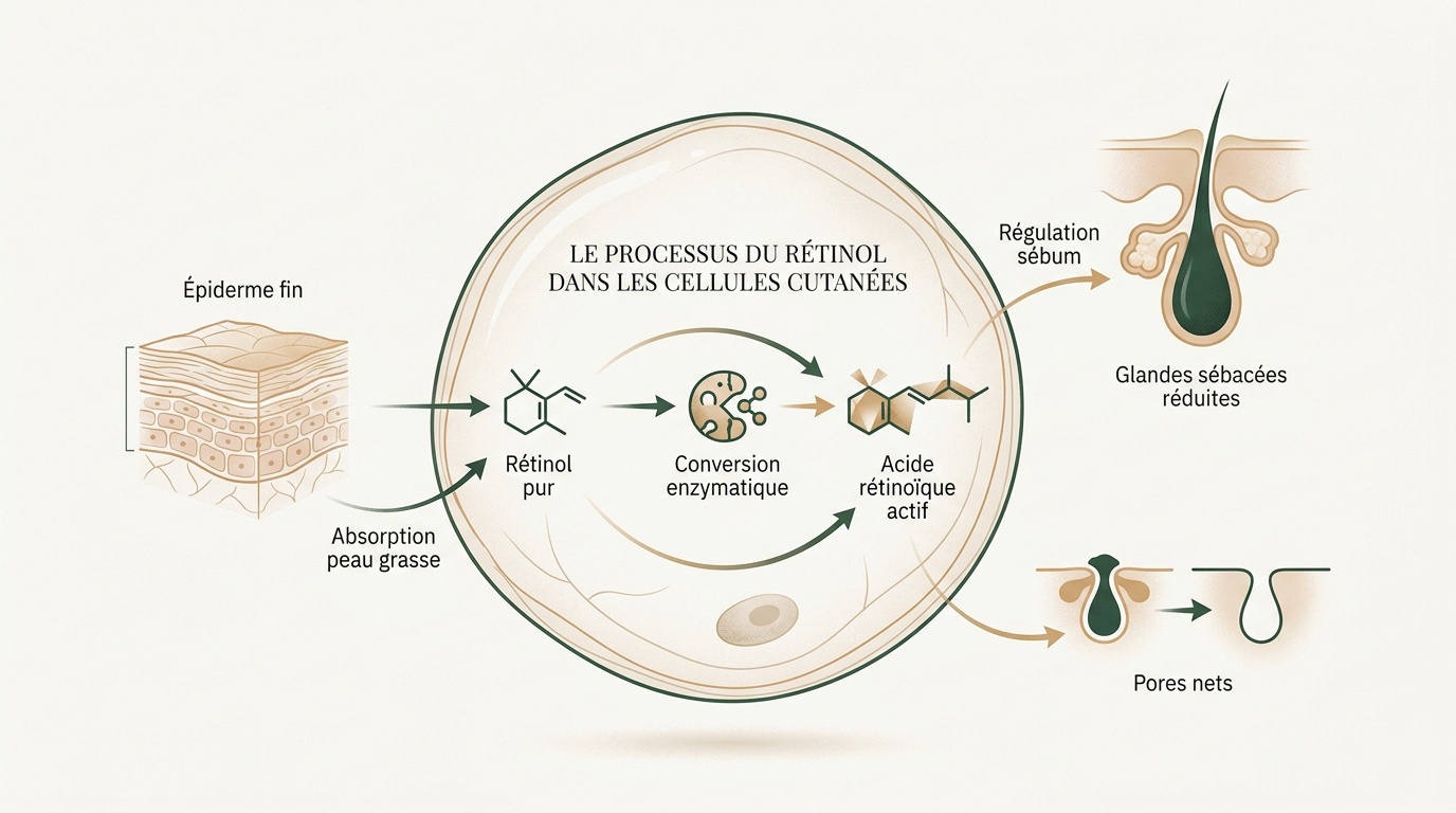 Schéma de la conversion enzymatique du rétinol dans les cellules de la peau