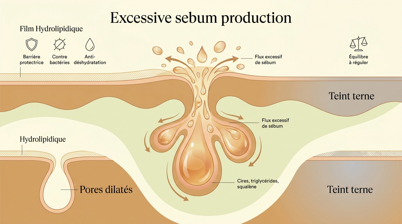 Schéma expliquant les causes et les effets de la production excessive de sébum sur le visage