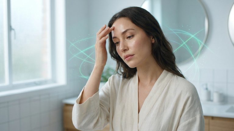 Une femme examine sa peau brillante dans une salle de bain avec des effets graphiques représentant l'excès de sébum.