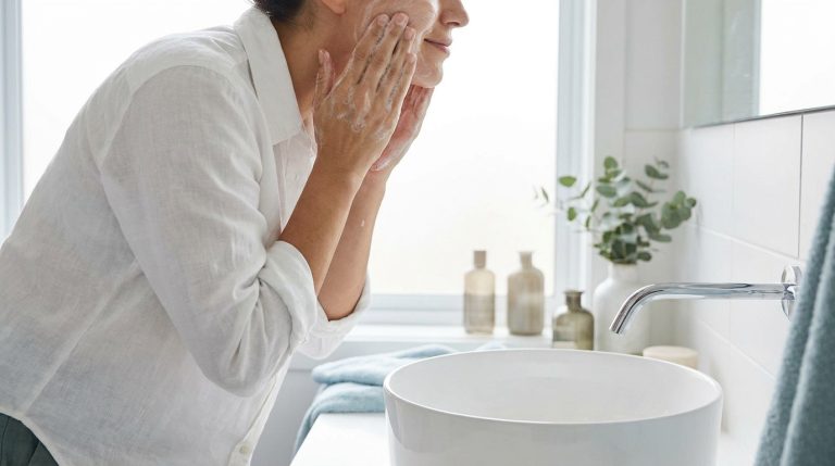 Femme en chemise blanche se lavant le visage avec un soin moussant devant un lavabo de salle de bain lumineux.