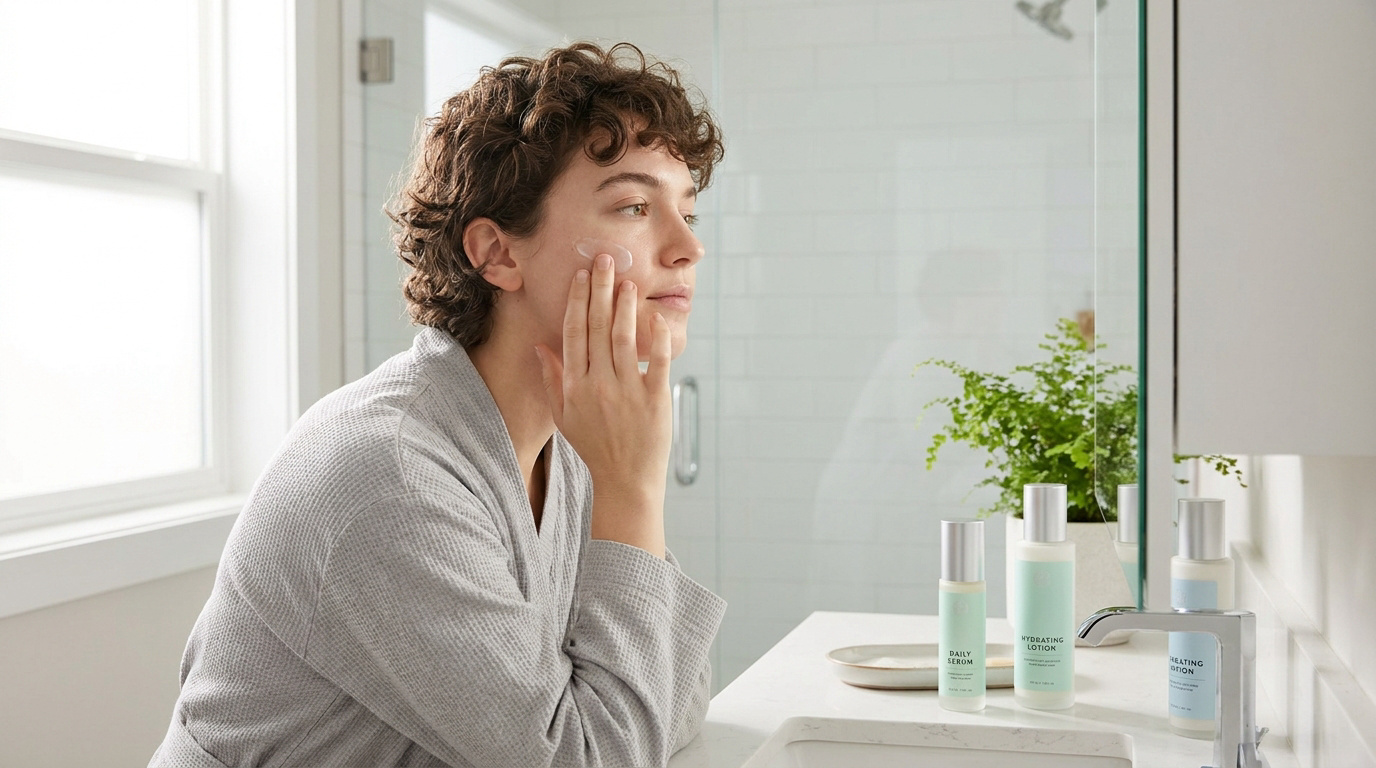 Une personne en peignoir applique une crème sur son visage devant un miroir de salle de bain.