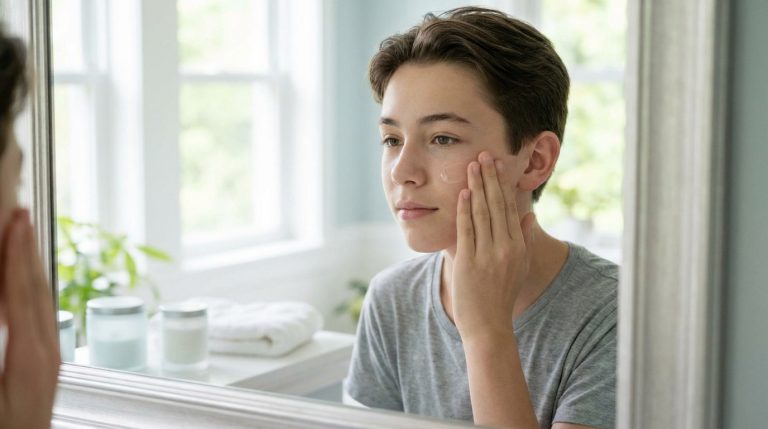 Un adolescent se regarde dans un miroir de salle de bain et applique une crème hydratante sur sa joue.