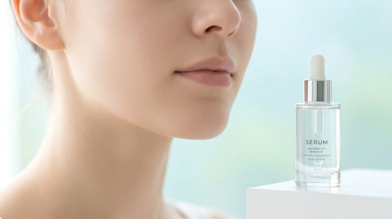 Une femme au teint net à côté d'un flacon de sérum cosmétique sur fond clair.