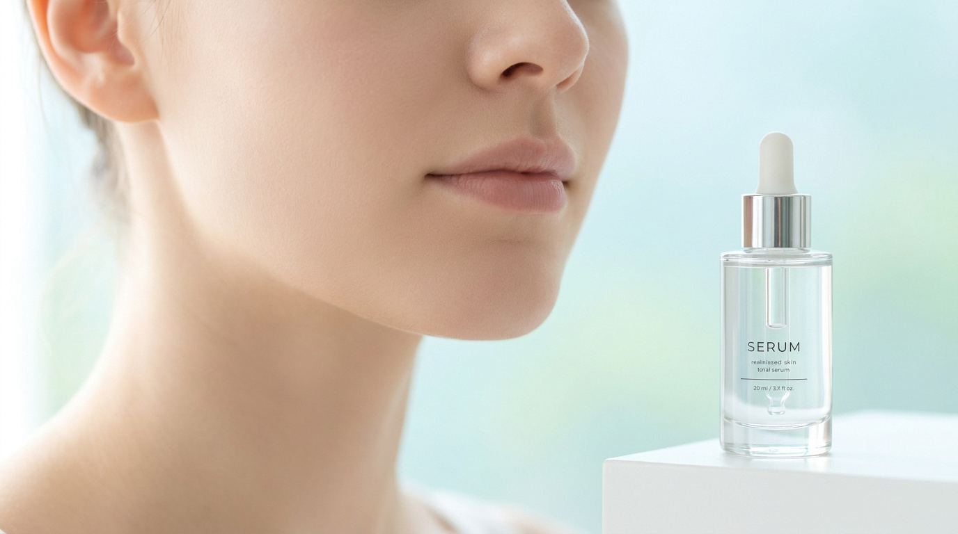 Une femme au teint net à côté d'un flacon de sérum cosmétique sur fond clair.