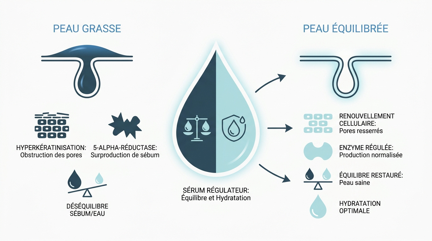 Application d'un sérum régulateur sur une peau mixte à grasse pour limiter les brillances
