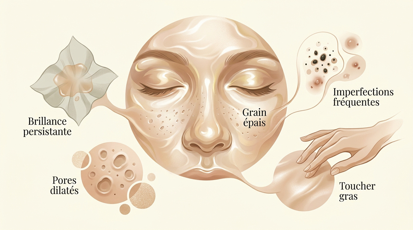 Illustration des zones de brillance et des pores dilatés sur un visage à peau grasse