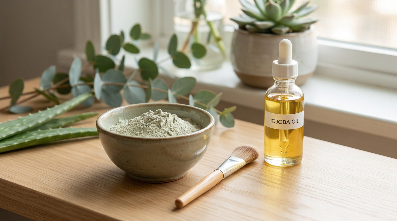 Bol d'argile, huile de jojoba et aloe vera sur une table en bois près d'une fenêtre.